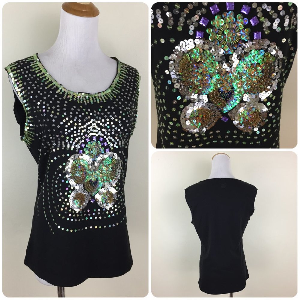 FERAUD Black Multi-Color Sequins Embellished Sleeveless Stretch Top